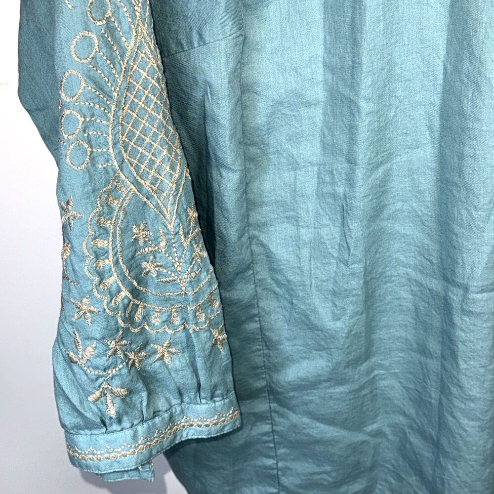 J Jill Detailed Embroidery Soft Cotton Twill Top V Neck Boho Blue/Tan XL $99 - Picture 8 of 10
